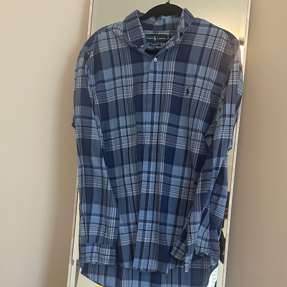 Ralph Lauren Men's Navy and Light Blue Check Shirt